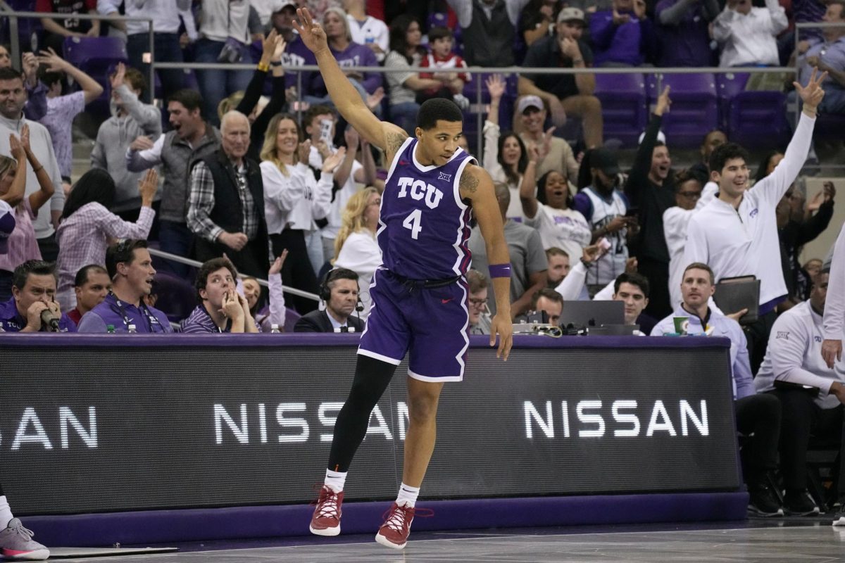 TCU guard Jameer Nelson Jr. celebrates after sinking a three-point basket in the second half of an NCAA college basketball game against Texas Tech in Fort Worth, Texas, Tuesday, Jan. 30, 2024. (AP Photo/Tony Gutierrez)



