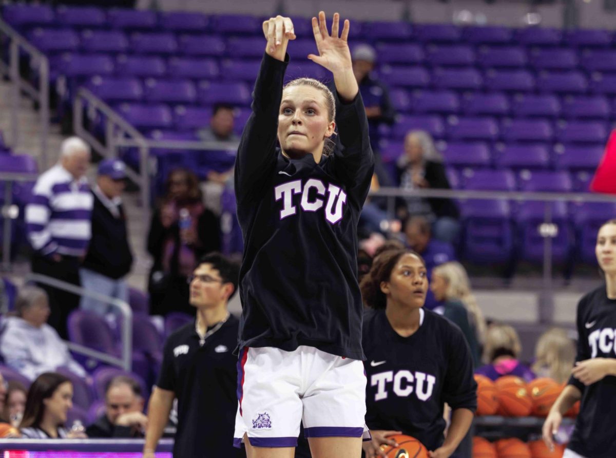 TCU Guard Piper Davis shoots a shot before the game at Ed and Rae Schollmaier Arena in Fort Worth, Texas on January 23rd, 2024. The TCU Horned Frogs beat the UCF Knights 66-60. (TCU360/Tyler Chan)