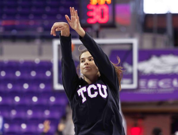 TCU Guard Ella Hamlin shoots a shot before the game at Ed and Rae Schollmaier Arena in Fort Worth, Texas, on Jan. 23, 2024. The TCU Horned Frogs beat the UCF Knights 66-60. (TCU360/Tyler Chan)