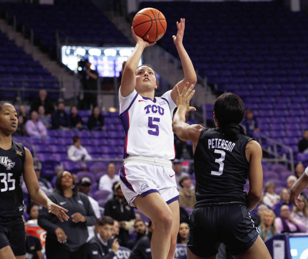 TCU Guard Una Jovanovic shoots a shot at Ed and Rae Schollmaier Arena in Fort Worth, Texas on January 23rd, 2024. The TCU Horned Frogs beat the UCF Knights 66-60. (TCU360/Tyler Chan)