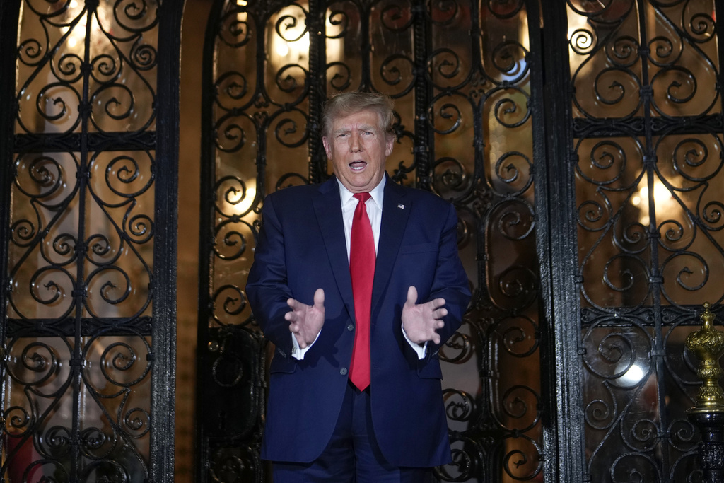 Republican presidential candidate and former president Donald Trump speaks at his Mar-a-Lago estate, Friday, Feb. 16, in Palm Beach, Fla. (AP Photo/Rebecca Blackwell)