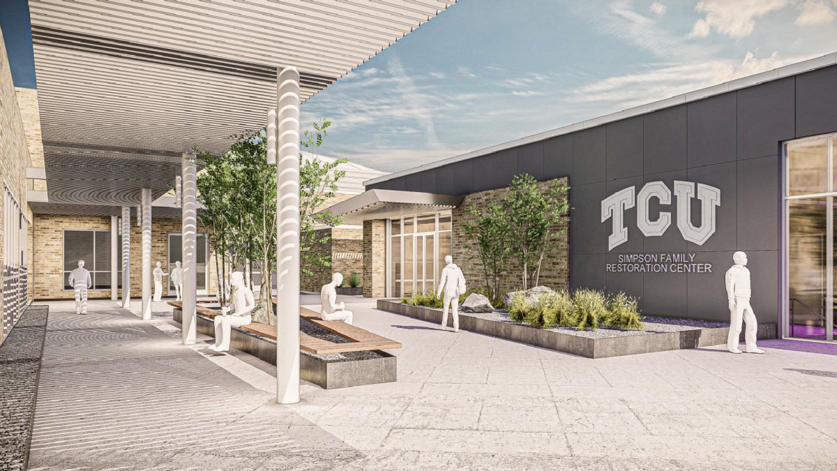 A rendering of the exterior plaza of The Simpson Family Restoration and Wellness Center. (Photo courtesy of gofrogs.com)