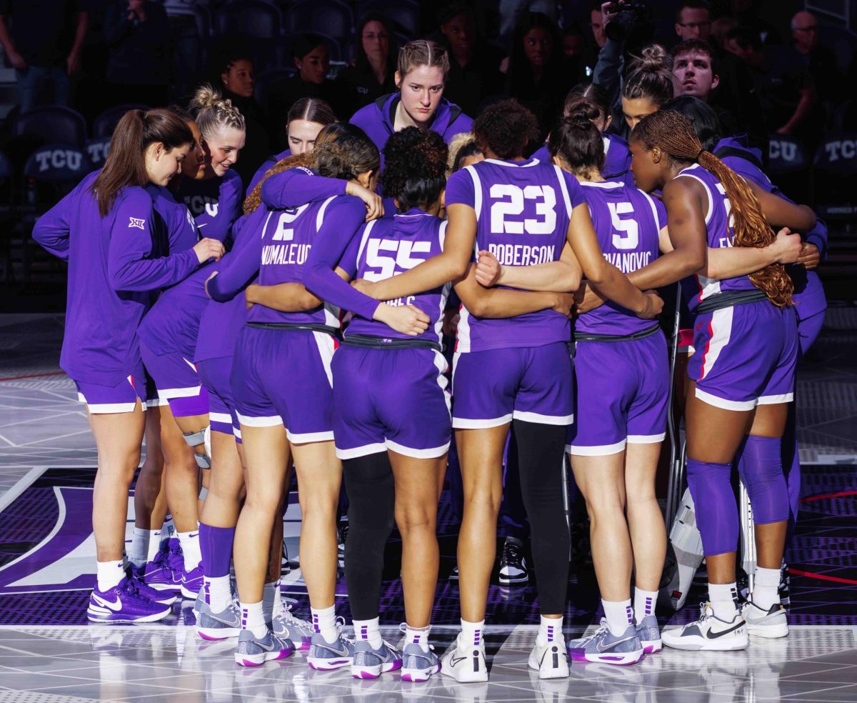 TCU Womens Basketball team huddles up before the game at Ed and Rae Schollmaier Arena in Fort Worth, Texas on February 10th, 2024. The TCU Horned Frogs fell to the Texas Longhorns 65-43. (TCU360/Tyler Chan) 