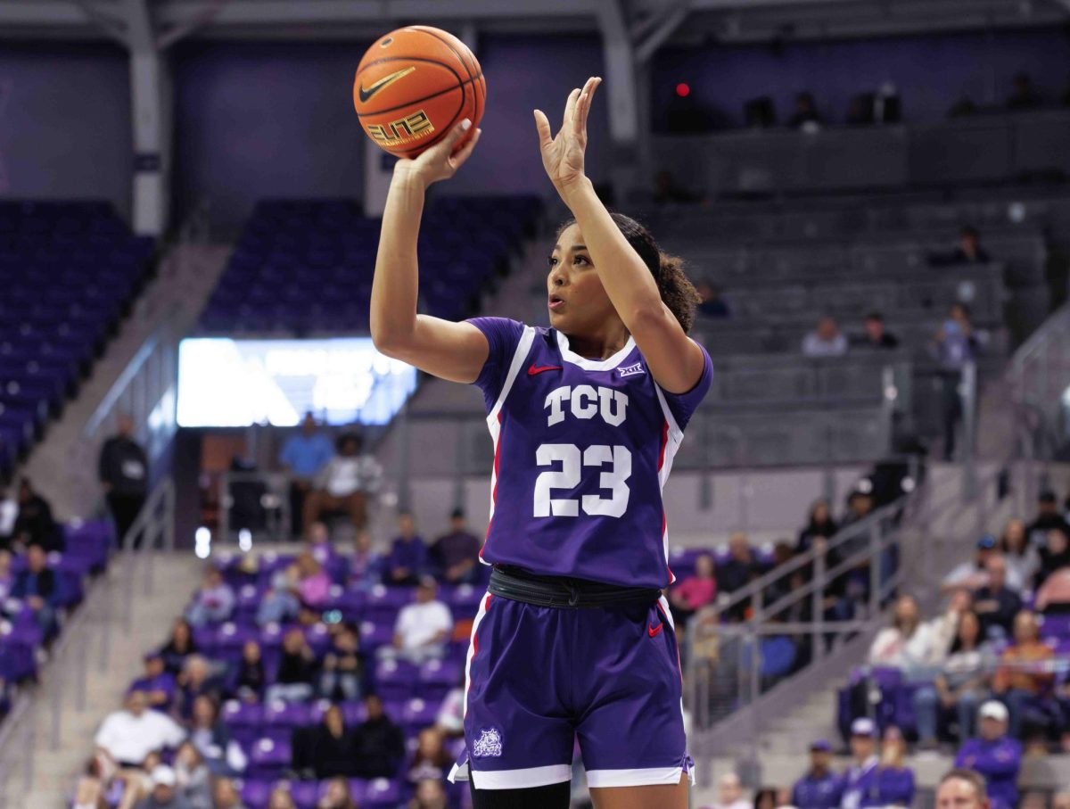 TCU forward Aaliyah Roberson shoots a three at Ed and Rae Schollmaier Arena in Fort Worth, Texas on February 10th, 2024. The TCU Horned Frogs fell to the Texas Longhorns 65-43. (TCU360/Tyler Chan) 