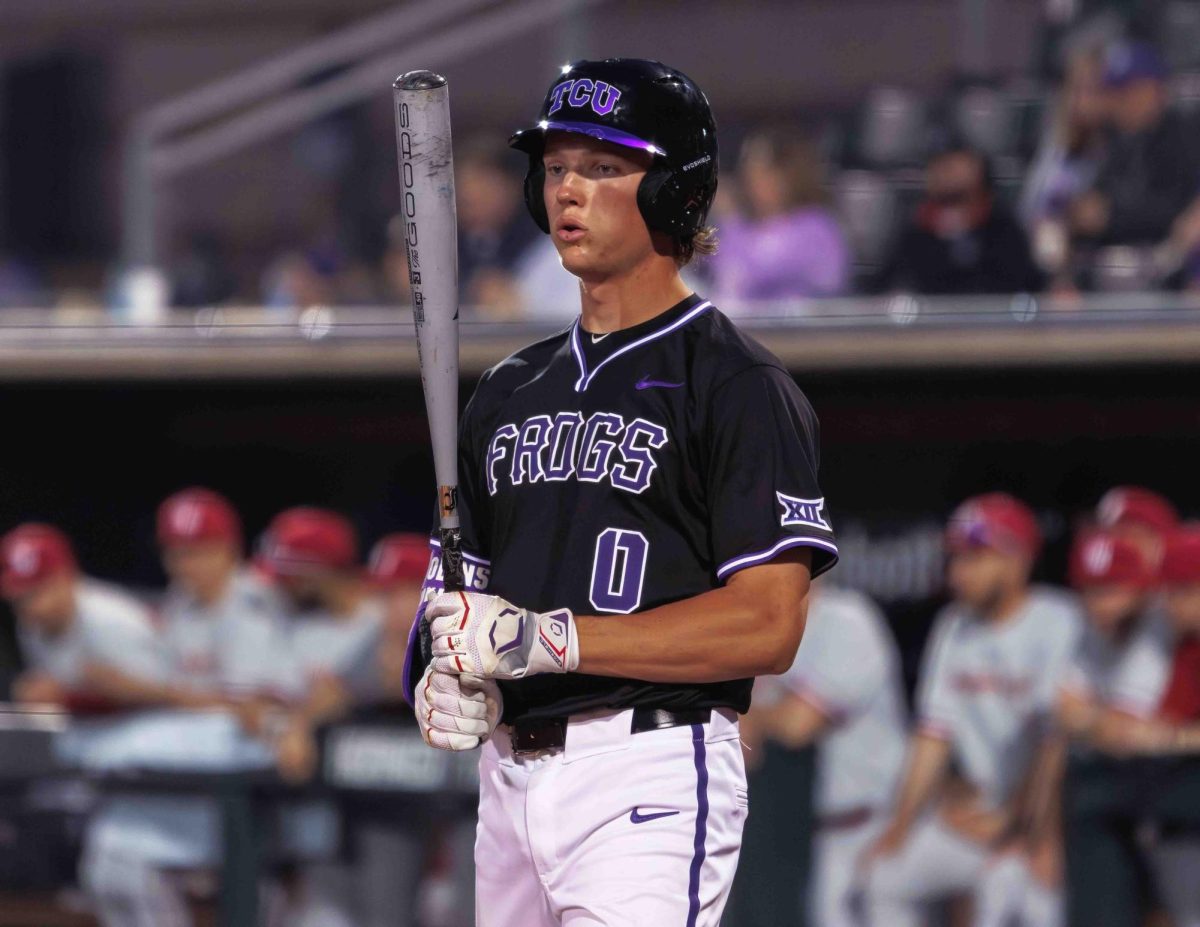 TCU third basemen Ryder Robinson takes a deep breath before his at bat at Lupton Stadium in Fort Worth, Texas on February 27th, 2024. The TCU Horned Frogs beat the Washington State Cougars 8-7 in 12 innings. (TCU360/Tyler Chan)