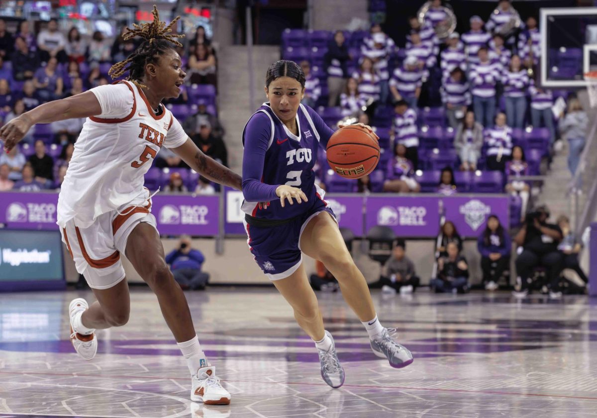 TCU guard Tara Manumaleuga drives towards the basket at Ed and Rae Schollmaier Arena in Fort Worth, Texas on February 10th, 2024. The TCU Horned Frogs fell to the Texas Longhorns 65-43. (TCU360/Tyler Chan) 