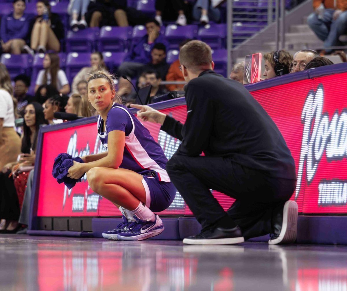 TCU forward Sarah Sylvester gets ready to check into the game at Ed and Rae Schollmaier Arena in Fort Worth, Texas on February 10th, 2024. The TCU Horned Frogs fell to the Texas Longhorns 65-43. (TCU360/Tyler Chan) 