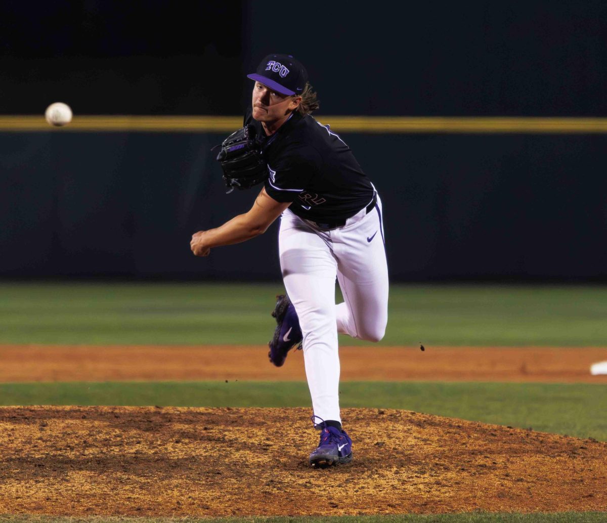 TCU pitcher Ben Abeldt gave up one run but allowed three inherited runners to score, allowing the Washington State Cougars to tie the game at seven in the ninth. Feb. 27, 2024. (TCU360/Tyler Chan)