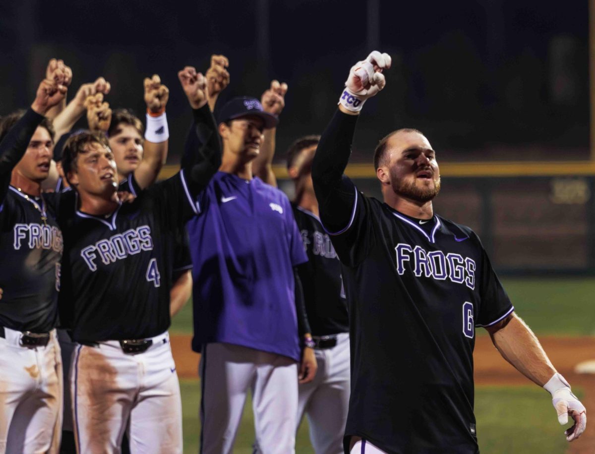 TCU outfielder Luke Boyers leads the TCU alma mater after hitting a walk-off single at Lupton Stadium in Fort Worth, Texas on February 27th, 2024. The TCU Horned Frogs beat the Washington State Cougars 8-7 in 12 innings. (TCU360/Tyler Chan)
