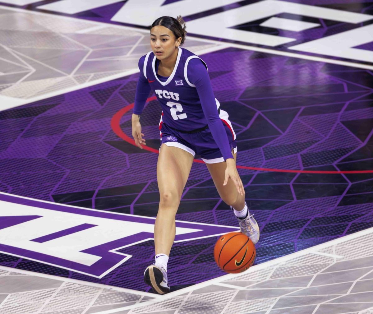 TCU guard Tara dribbles up the court at Ed and Rae Schollmaier Arena in Fort Worth, Texas on February 28th, 2024. The TCU Horned Frogs beat the Texas Tech Lady Raiders 73-52. (TCU360/ Tyler Chan)