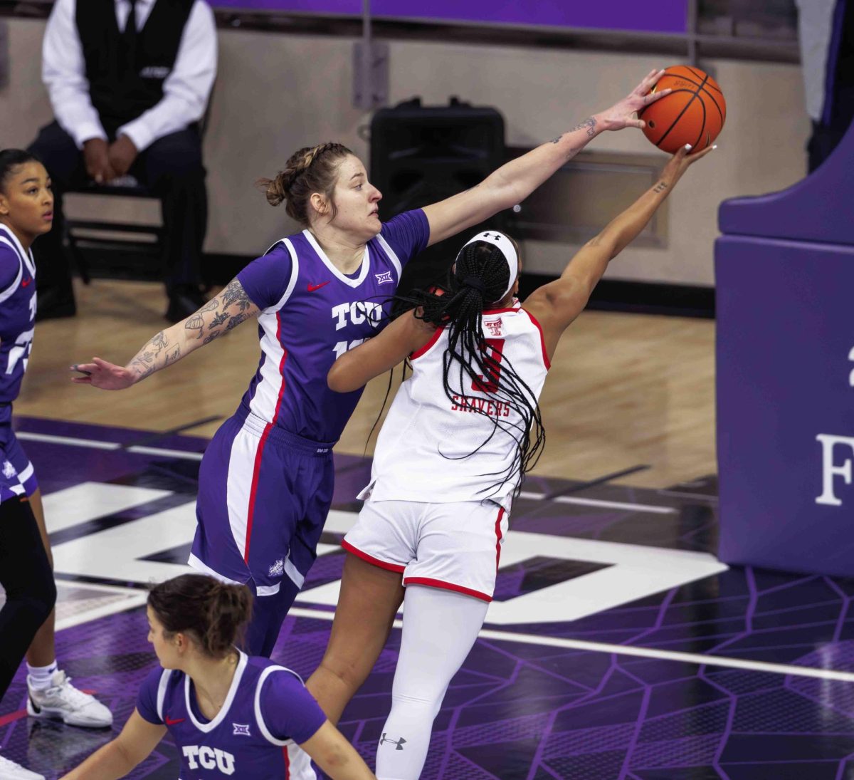 TCU center Sedona Prince blocks a shot at Ed and Rae Schollmaier Arena in Fort Worth, Texas on February 28th, 2024. The TCU Horned Frogs beat the Texas Tech Lady Raiders 73-52. (TCU360/ Tyler Chan)