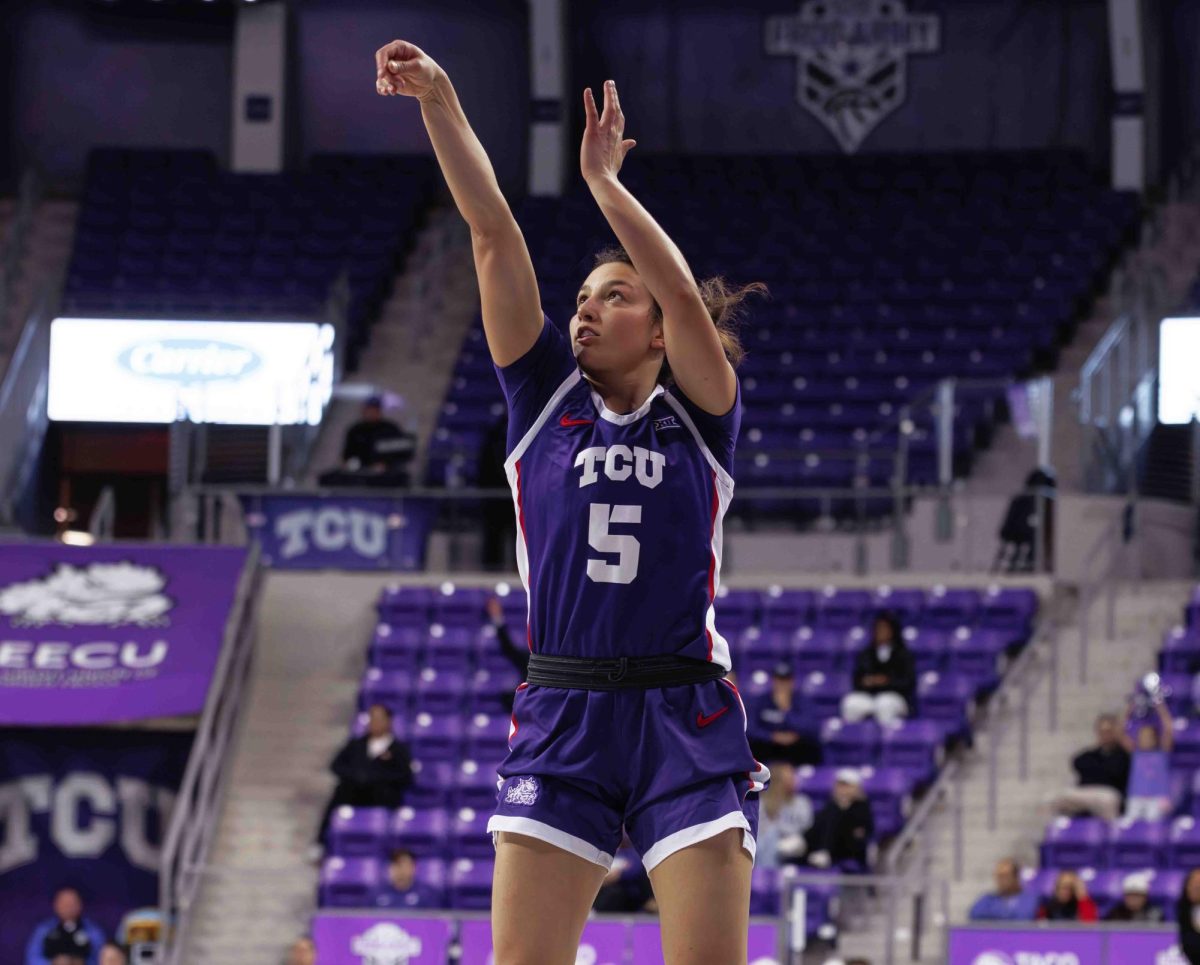 TCU Guard Una Jovanovic shoots a three at Ed and Rae Schollmaier Arena in Fort Worth, Texas on February 28th, 2024. The TCU Horned Frogs beat the Texas Tech Lady Raiders 73-52. (TCU360/ Tyler Chan)