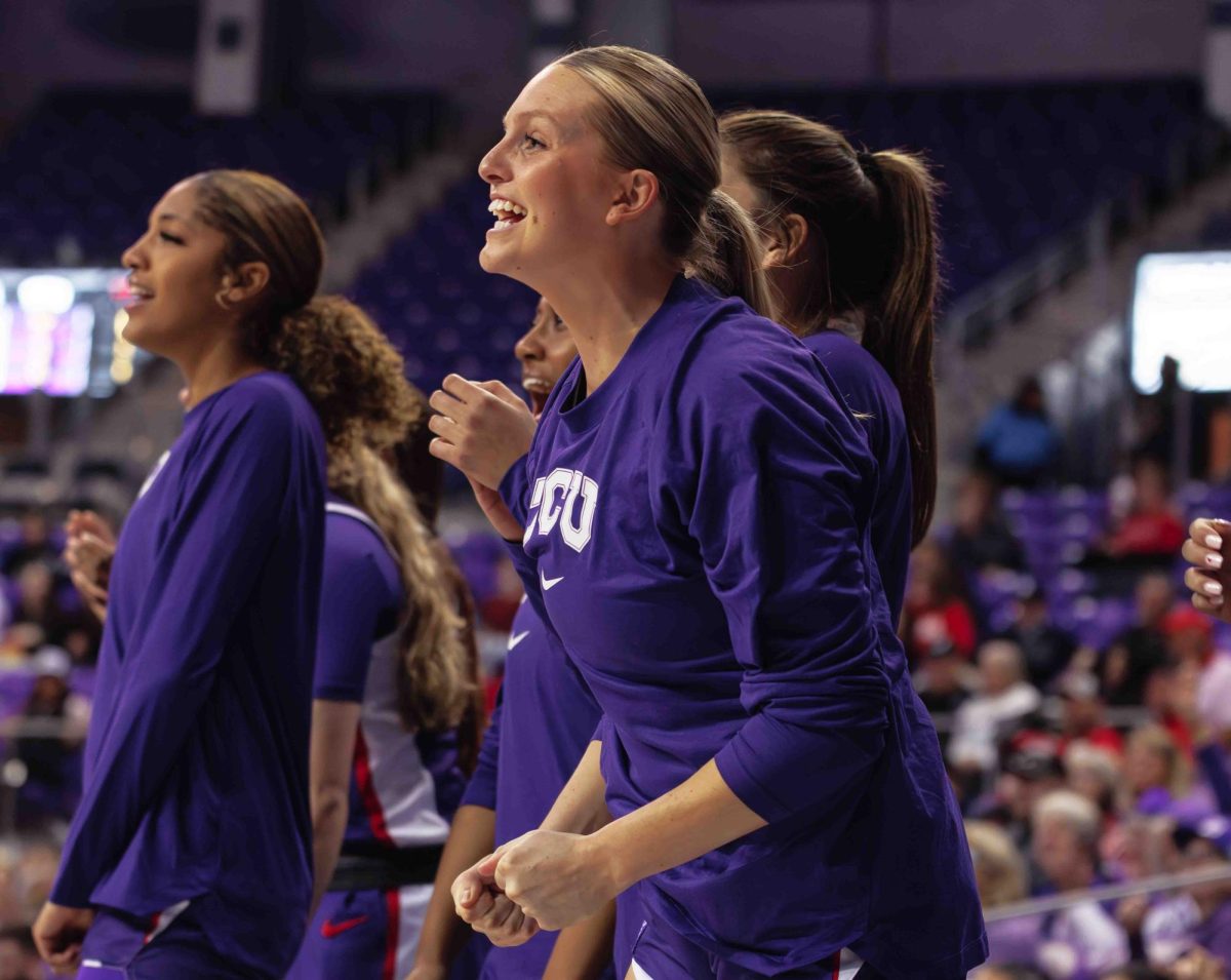 TCU guard Piper Davis hypes up her teammate at Ed and Rae Schollmaier Arena in Fort Worth, Texas on February 28th, 2024. The TCU Horned Frogs beat the Texas Tech Lady Raiders 73-52. (TCU360/ Tyler Chan)