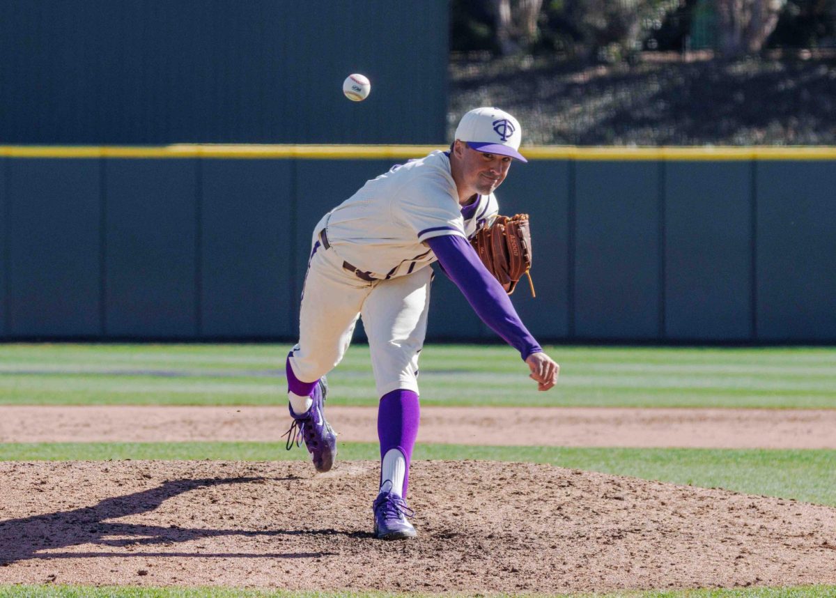 TCU pitcher Andrew Mosiello throws a pitch at Lupton Stadium in Fort Worth, Texas on February 18th, 2024. The TCU Horned Frogs beat the Florida Gulf Coast Eagles 11-6. (TCU360/ Tyler Chan)