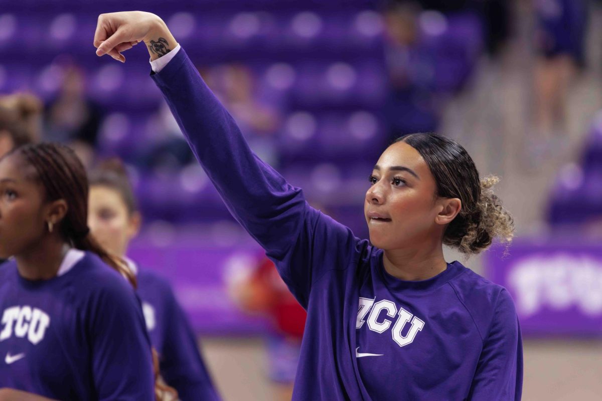 TCU guard Tara Manumaleuga shoots a shot during warm ups at Ed and Rae Schollmaier Arena in Fort Worth, Texas on February 3, 2024. The TCU Horned Frogs fell to the Kansas Jayhawks 74-81. (TCU360/ Tyler Chan)