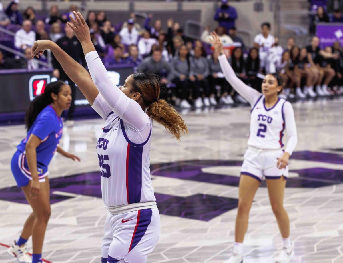 TCU guard Sydney Harris shoots a three at Ed and Rae Schollmaier Arena in Fort Worth, Texas on February 3, 2024. The TCU Horned Frogs fell to the Kansas Jayhawks 74-81. (TCU360/ Tyler Chan)