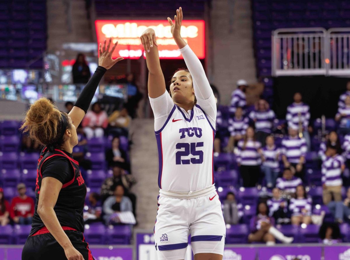 TCU forward Sydney Harris shoots a three pointer at Ed and Rae Schollmaier Arena in Fort Worth, Texas on February 24th, 2024. The TCU Horned Frogs beat the Houston Cougars 59-49. (TCU360/ Tyler Chan)