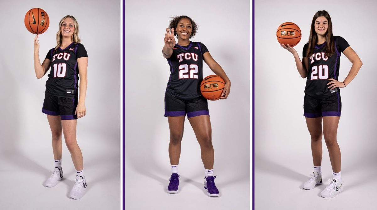 Piper Davis (left), Ella Hamlin (right) and Mekhayia Moore (middle) suit up for the remainder of 2023-24 season. (Photo courtesy of: gofrogs.com)