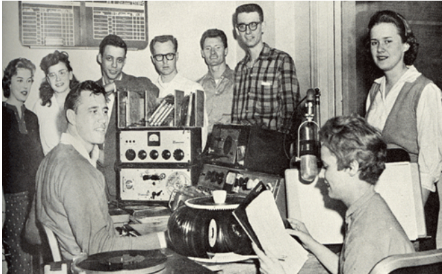 The KTCU crew in 1958 in the original studio located in Ed Landreth Hall. (TCU Yearbook)