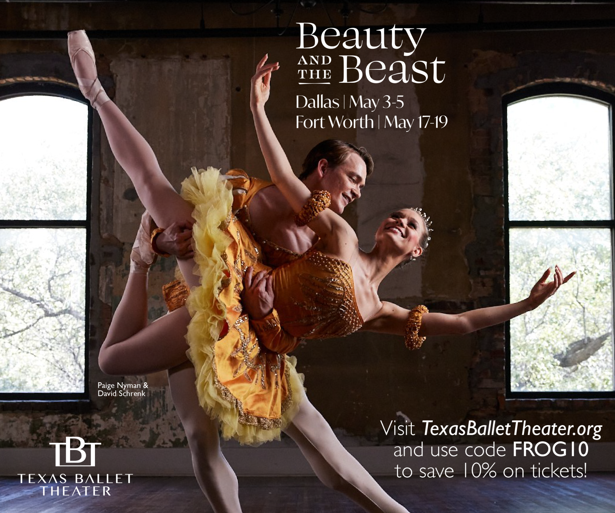 Ad: Texas Ballet Theater. Beauty and the Beast. Dallas May third through fifth. Fort Worth May seventeenth through nineteenth. Visit Texas Ballet Theater dot org and use code Frog ten to save 10 percent on tickets!