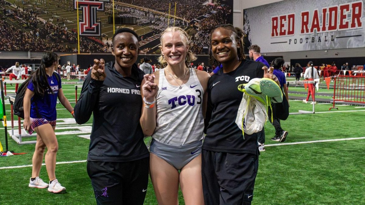 TCU womens track athletes Tabitha Kalunde Ngao, Gracie Morris, and Jasmin Muhammad-Graham after competing in the Jarvis Scott Open on Feb. 9, 2024. They recorded the three fastest 800m times in program history during the same race. (Image courtesy of GoFrogs.com)