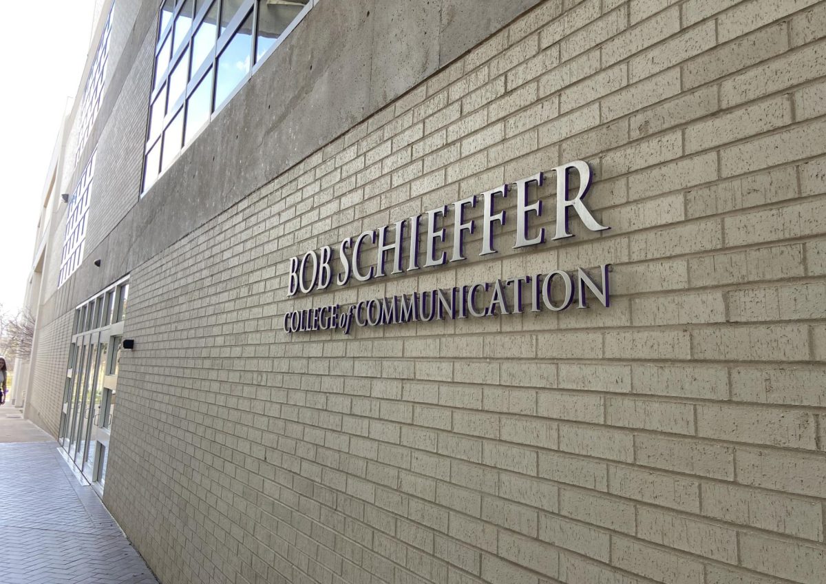 The entrance to Moudy South, home of the Bob Schieffer College of Communication and Film, Television and Digital Media department, on March 4. (Ella Hestand/Staff Writer)