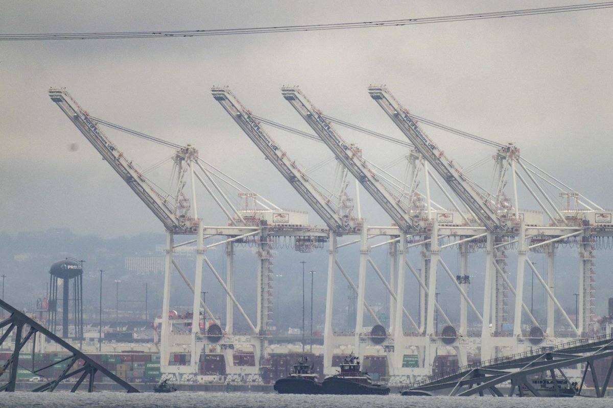 The cranes for the Port of Baltimore are idle on Wednesday, March 27, 2024, as seen from Pasadena, Md. The container ship Dali, owned by Grace Ocean PTE, struck the Francis Scott Key Bridge closing the port to ship traffic. (AP Photo/Alex Brandon)