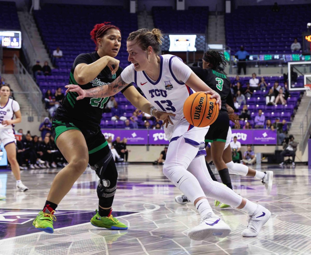 TCU Center Sedona Prince drives towards the basket at Ed and Rae Schollmaier Arena in Fort Worth, Texas on March 21st, 2024. The TCU Horned Frogs beat the North Texas Mean Green 67-58. (TCU360/ Tyler Chan)