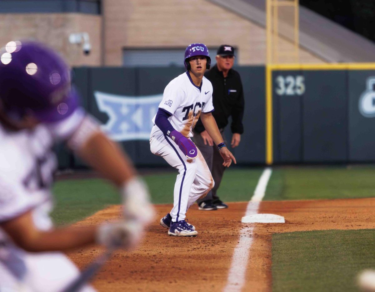 TCU infielder Camden Sos creeps down the 3rd base line at Lupton Stadium in Fort Worth, Texas on March 28th, 2024. The TCU Horned Frogs beat the Houston Cougars 14-1. (TCU360/ Tyler Chan)