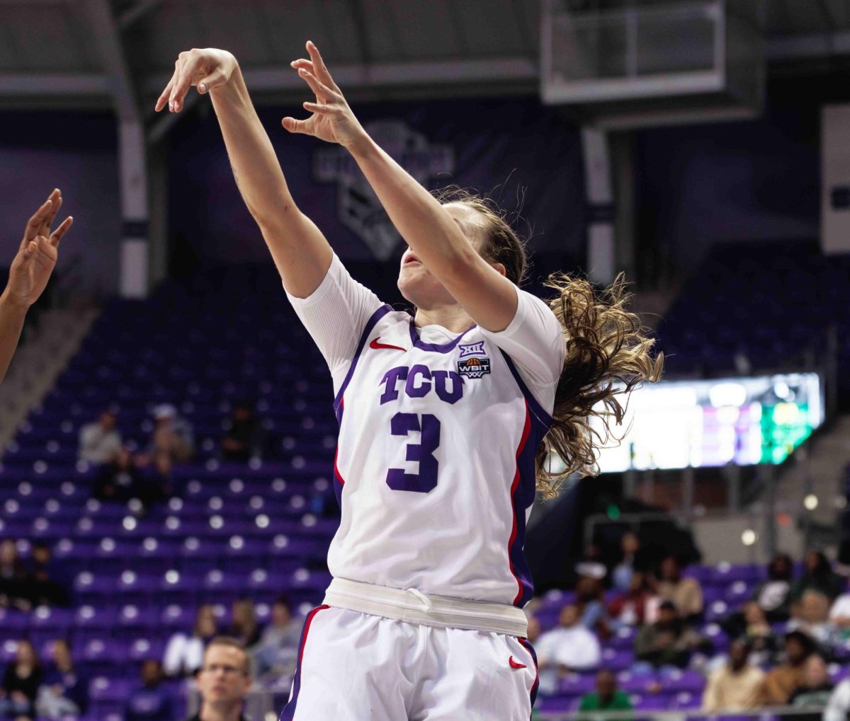 TCU guard Madison Conner shoots a three pointer at Ed and Rae Schollmaier Arena in Fort Worth, Texas on March 21st, 2024. The TCU Horned Frogs beat the North Texas Mean Green 67-58. (TCU360/ Tyler Chan)