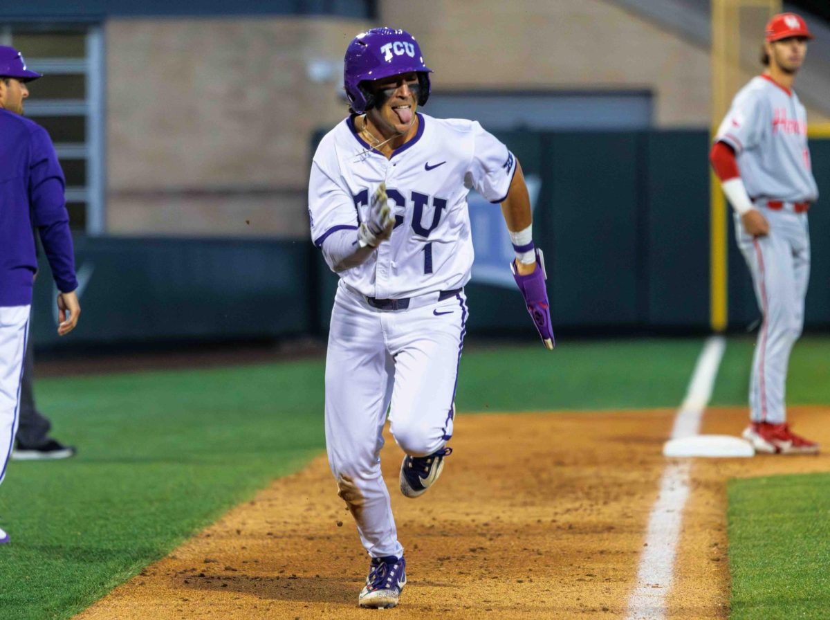 TCU infielder Peyton Chatagnier sprints towards home at Lupton Stadium in Fort Worth, Texas on March 28th, 2024. The TCU Horned Frogs beat the Houston Cougars 14-1. (TCU360/ Tyler Chan)