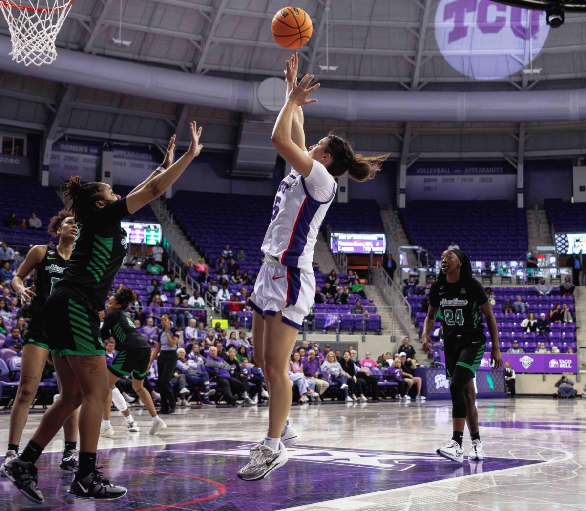 TCU guard Una Jovanovic shoots a shot at Ed and Rae Schollmaier Arena in Fort Worth, Texas on March 21st, 2024. The TCU Horned Frogs beat the North Texas Mean Green 67-58. (TCU360/ Tyler Chan)