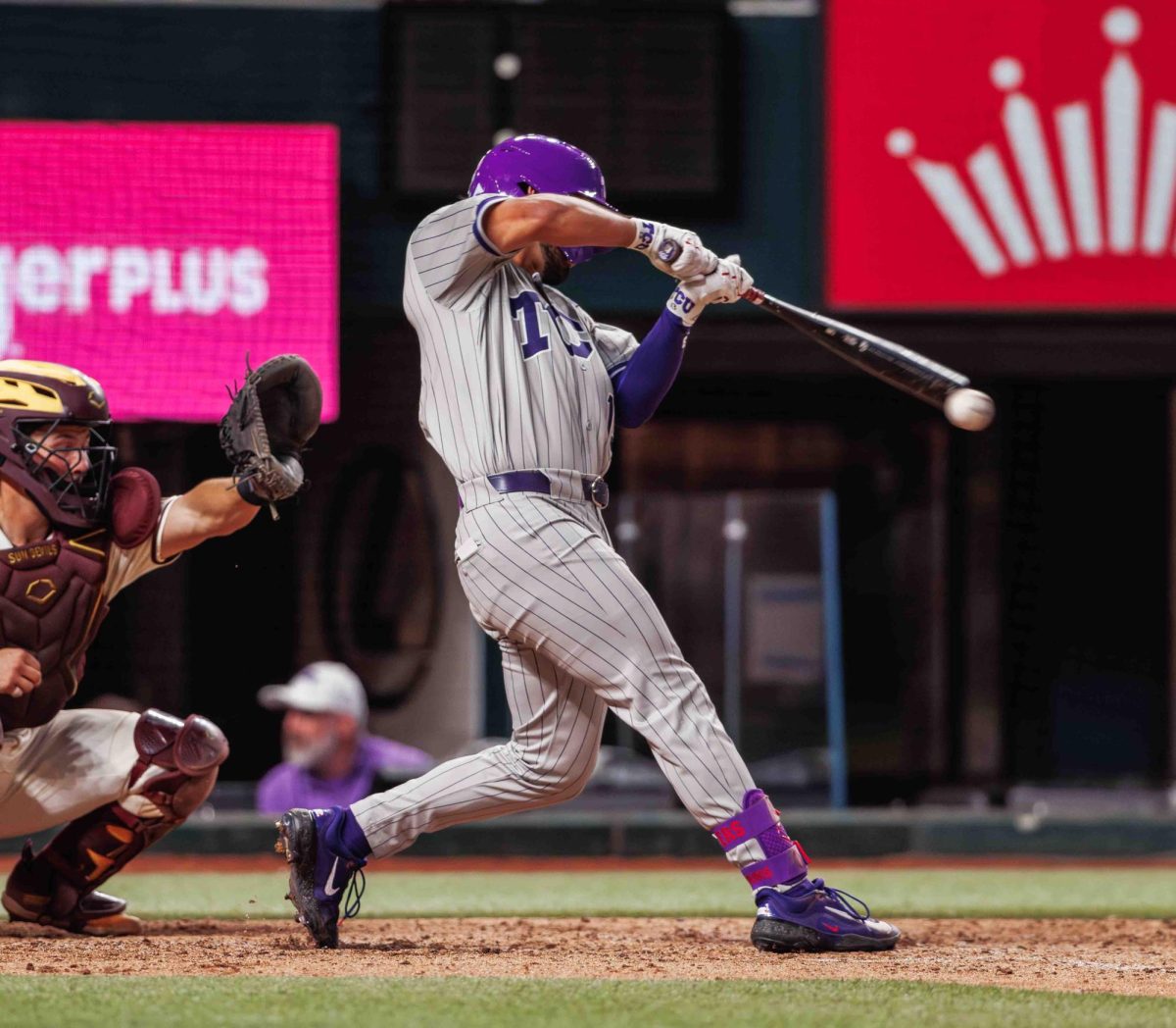 TCU outfielder Sam Myers hits a ball at Globe Life Field in Arlington, Texas on March 2nd, 2024. The TCU Horned Frogs beat the Arizona State Sun Devils 11-9. (TCU360/ Tyler Chan)