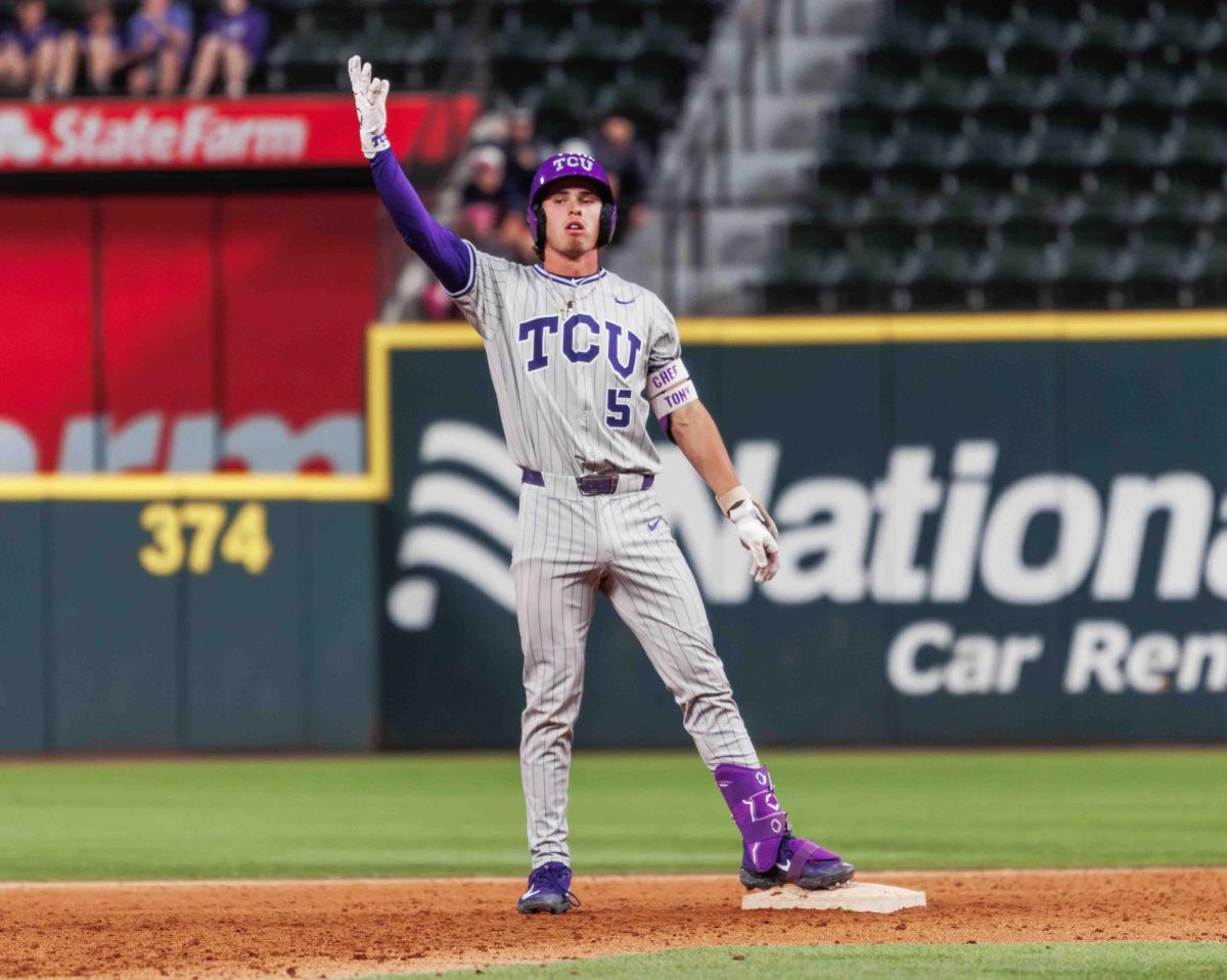 TCU shortstop Anthony Silva celebrates after hitting a double at Globe Life Field in Arlington, Texas on March 2nd, 2024. The TCU Horned Frogs beat the Arizona State Sun Devils 11-9. (TCU360/ Tyler Chan)