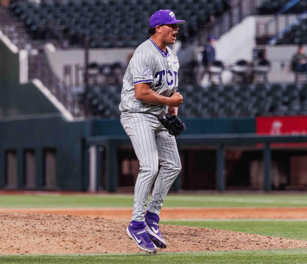 TCU pitcher Louis Rodriguez celebrates after getting the final out at Globe Life Field in Arlington, Texas on March 2nd, 2024. The TCU Horned Frogs beat the Arizona State Sun Devils 11-9. (TCU360/ Tyler Chan)