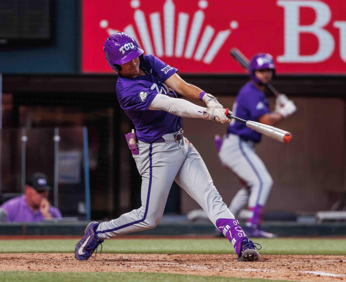 TCU second basemen Peyton Chatagnier hits a ball to centerfield at Globe Life Field in Arlington, Texas on March 3rd, 2024. The TCU Horned Frogs beat the USC Trojans 9-5. (TCU360/Tyler Chan)