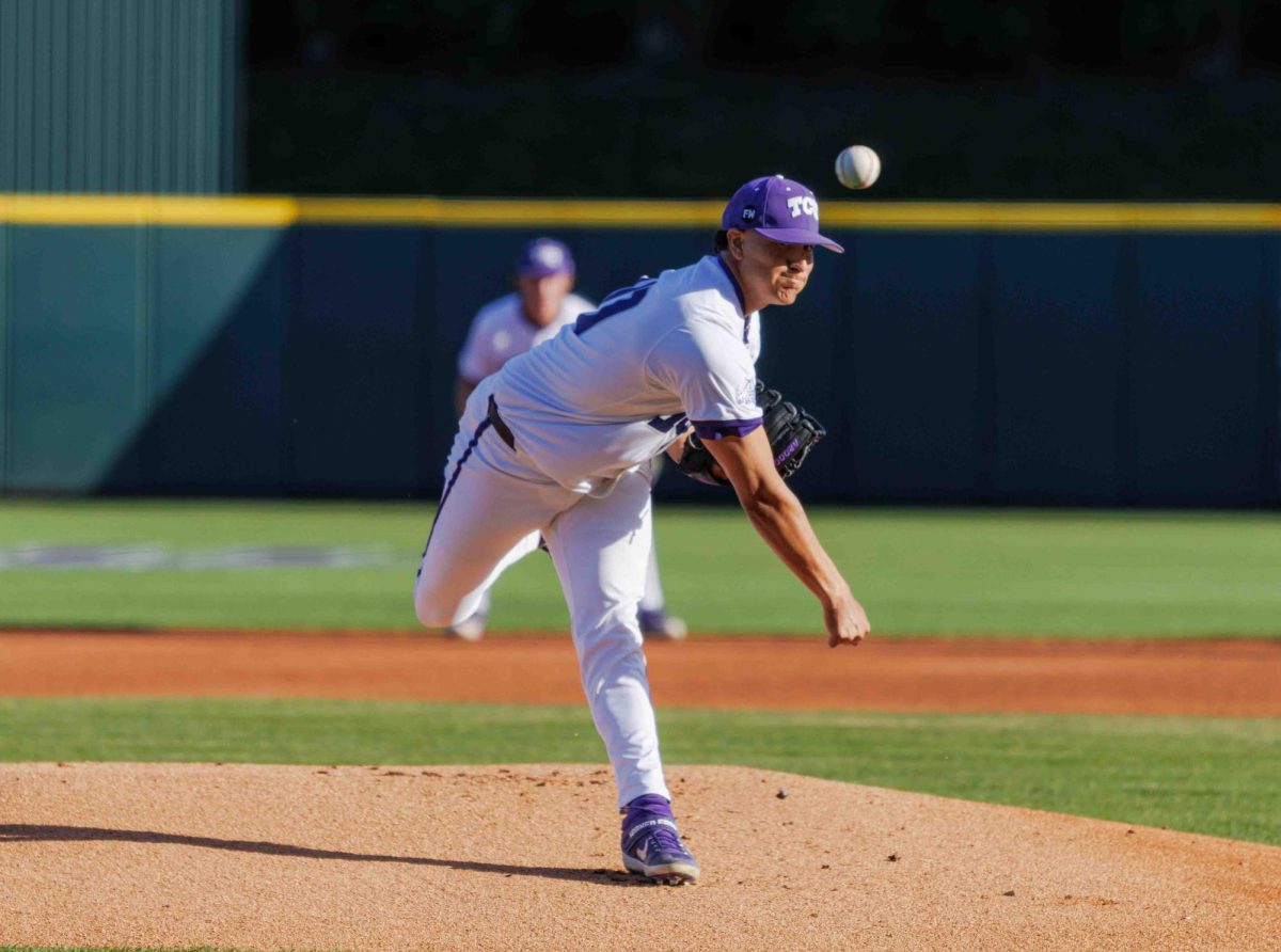 TCU pitcher Louis Rodriguez throws a pitch at Lupton Stadium in Fort Worth, Texas on March 28th, 2024. The TCU Horned Frogs beat the Houston Cougars 14-1. (TCU360/ Tyler Chan)