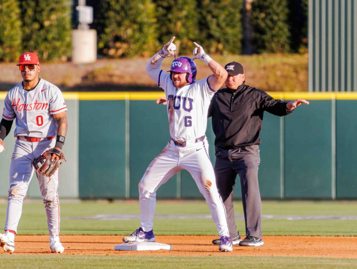 TCU right fielder Luke Boyers celebrates after hitting a double at Lupton Stadium in Fort Worth, Texas on March 28th, 2024. The TCU Horned Frogs beat the Houston Cougars 14-1. (TCU360/ Tyler Chan)