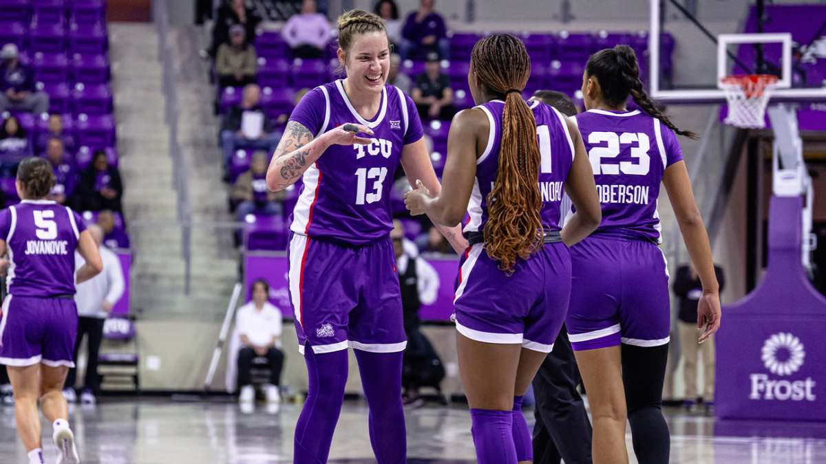 Sedona Prince celebrates with her teammates. The Frogs final home game of the regular season ended in a win over Texas Tech. (Photo Courtesy of gofrogs.com)
