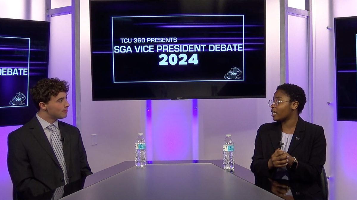 Vice presidential candidates Harrison Leath (left) and Charity Ketu (right) speak during the TCU 360 vice presidential candidate debate on Tuesday, March 26, 2024. 