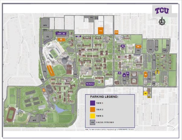 TCU campus map shows current parking lots. (Photo courtesy of www.maps.tcu.edu)