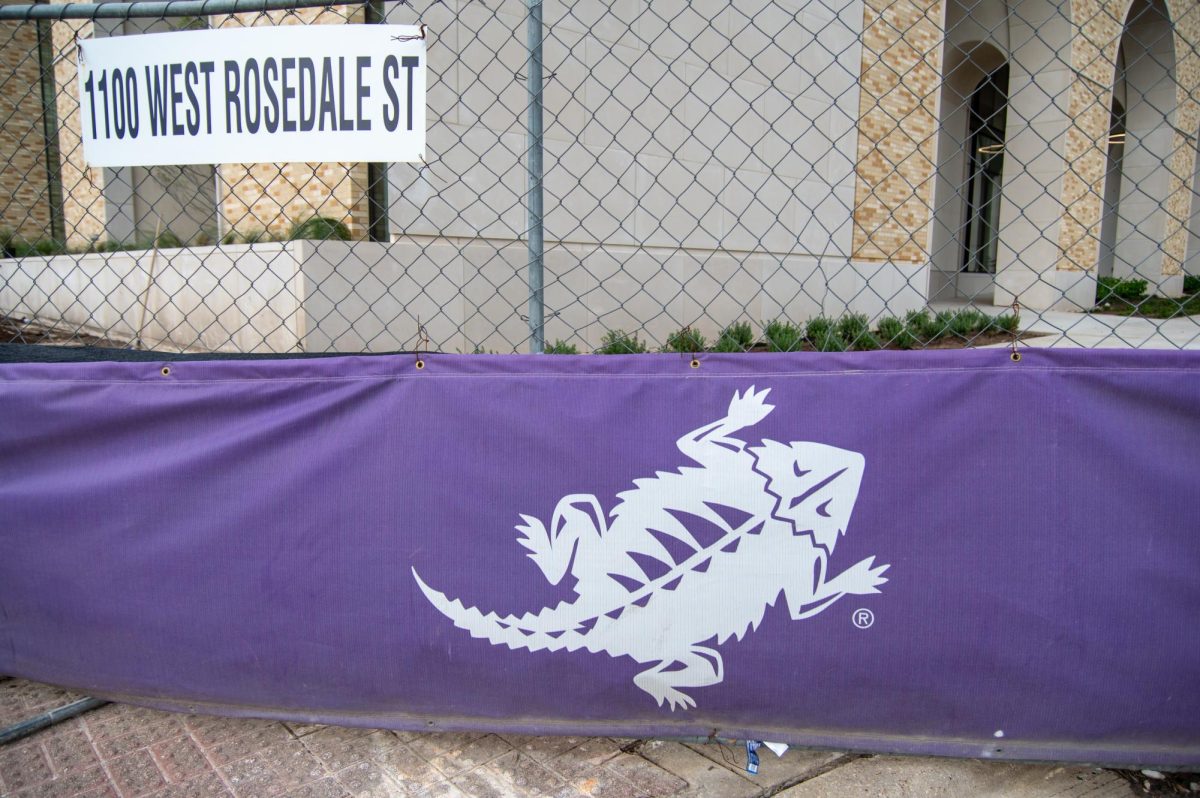TCU Horned Frog on a banner at the construction site of the Burnett School of Medicine in Fort Worth, TX on April 26, 2024. (Lance Sanders / TCU360 Photographer)
