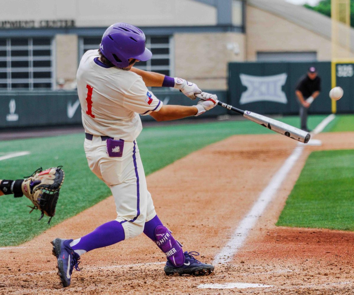TCU third basemen Peyton Chatagnier hits the ball into the gap for a double at Lupton Stadium in Fort Worth, Texas on April 27th, 2024. The TCU Horned Frogs fell to the Kansas State Wildcats 6-3 in game 2 of the doubleheader. 