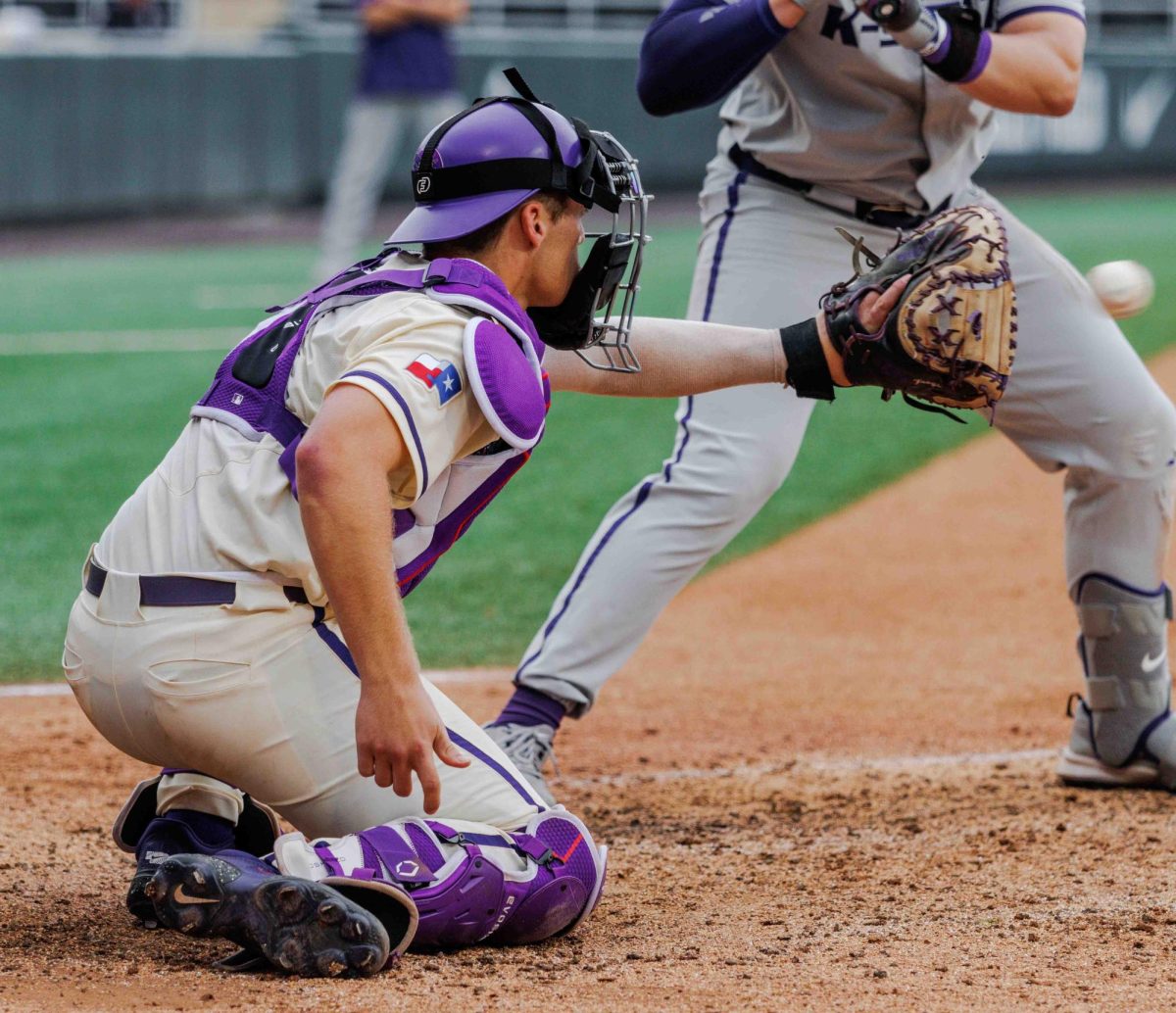 TCU catcher Kurtis Byrne receives the pitch at Lupton Stadium in Fort Worth, Texas on April 27th, 2024. The TCU Horned Frogs fell to the Kansas State Wildcats 6-3 in game 2 of the doubleheader. (TCU360/Tyler Chan)