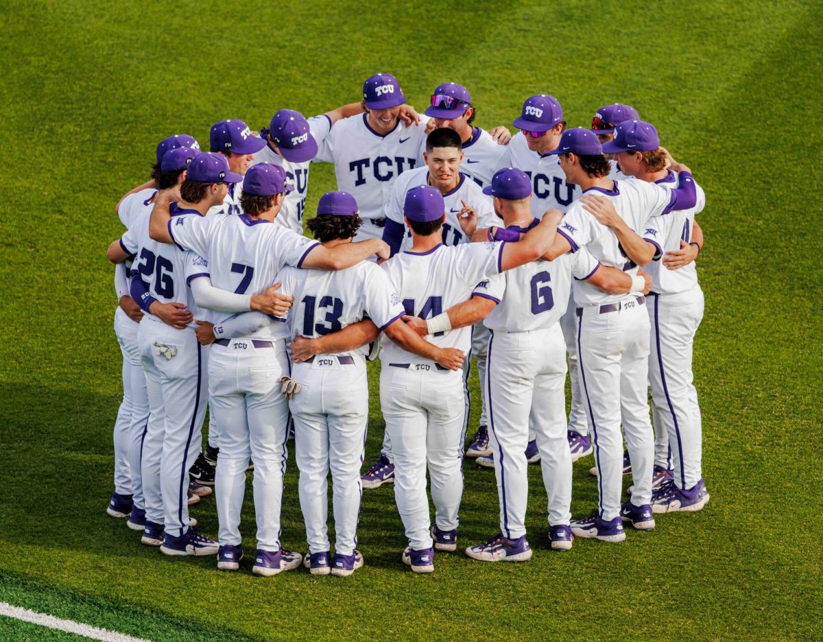 TCU baseball players huddle up before the game at Lupton Stadium in Fort Worth, Texas on April 12th, 2024. The TCU Horned Frogs fell to the Texas Tech Red Raiders 7-1. (TCU360/  Tyler Chan)