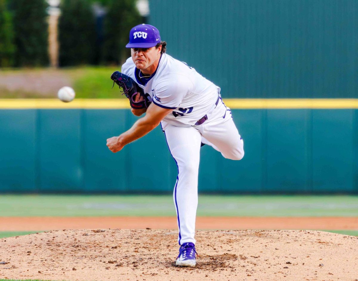 TCU pitcher Payton Tolle throws a pitch at Lupton Stadium in Fort Worth, Texas on April 12th, 2024. The TCU Horned Frogs fell to the Texas Tech Red Raiders 7-1. (TCU360/  Tyler Chan)
