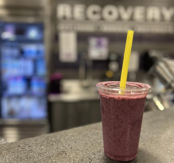Smoothie in front of the sports nutrition fueling station in Schollmaier Arena. (Photo courtesy of Claire Cimino)