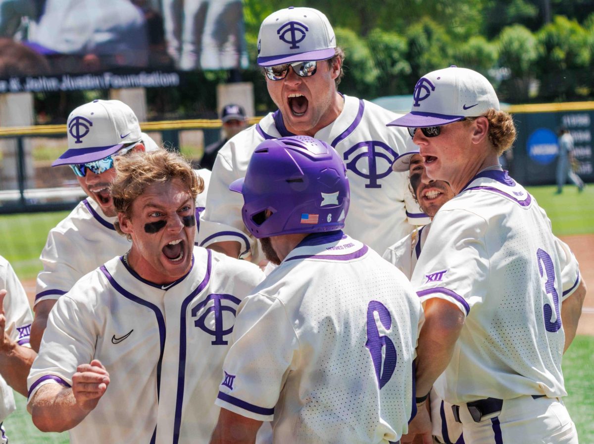 TCU players celebrate after Luke Boyers hit a three run home run at Lupton Stadium in Fort Worth, Texas on April 14th, 2024. The TCU Horned Frogs beat the Texas Tech Red Raiders 4-3. (TCU360/ Tyler Chan)