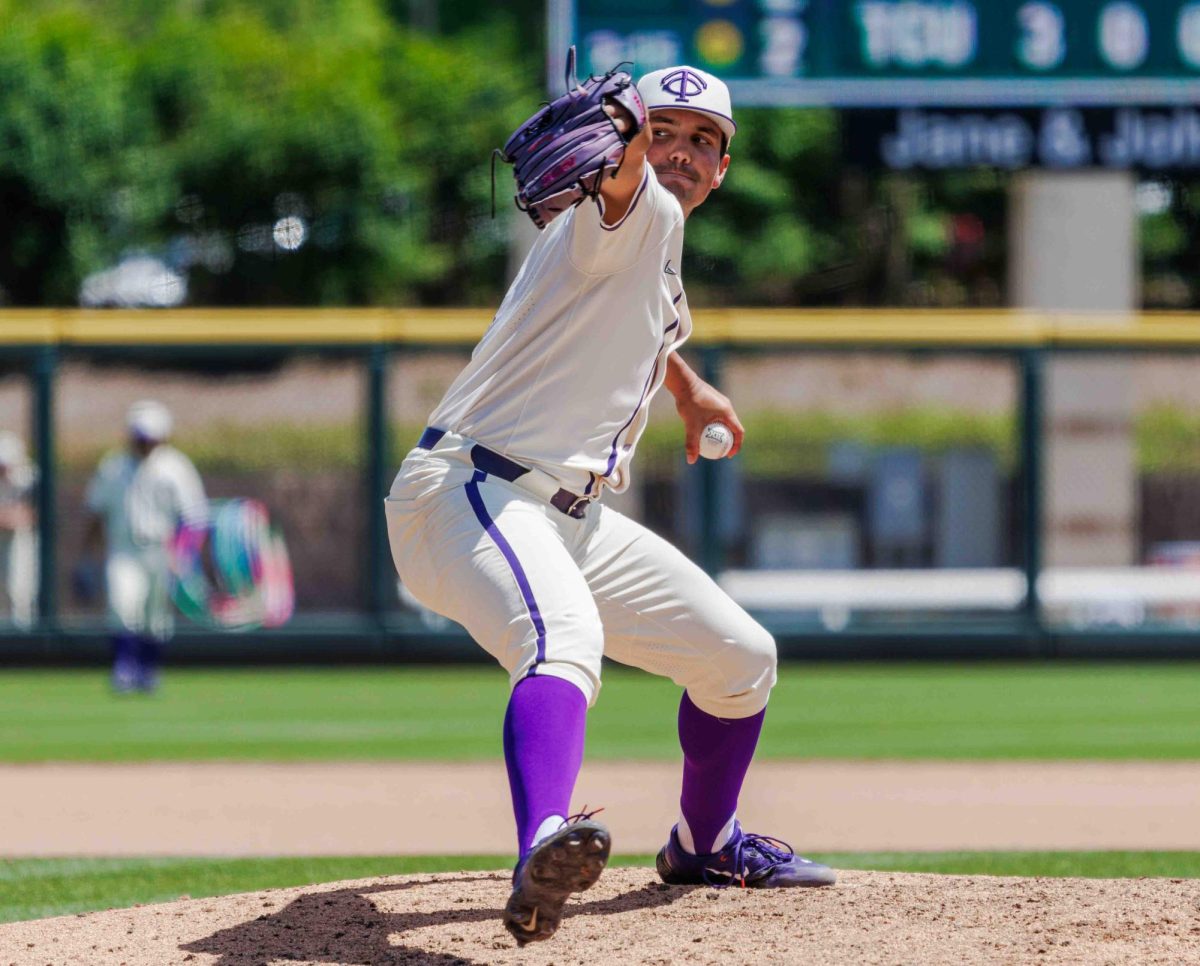 TCU pitcher Ben Hampton winds up to throw a pitch at Lupton Stadium in Fort Worth, Texas on April 14th, 2024. The TCU Horned Frogs beat the Texas Tech Red Raiders 4-3. (TCU360/ Tyler Chan)