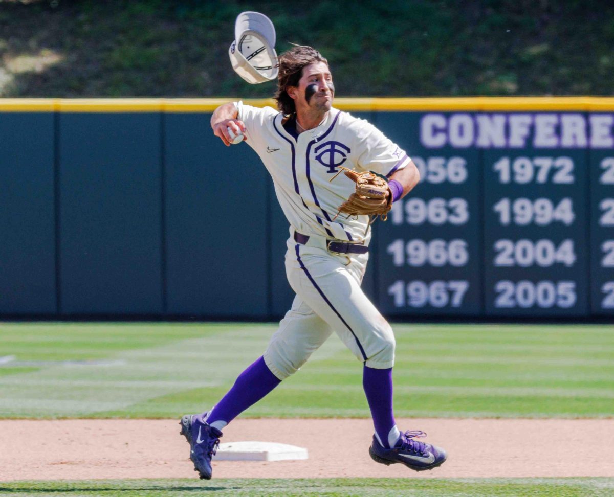 TCU third basemen Peyton Chatagnier throws the ball across the field at Lupton Stadium in Fort Worth, Texas on April 14th, 2024. The TCU Horned Frogs beat the Texas Tech Red Raiders 4-3. (TCU360/ Tyler Chan)